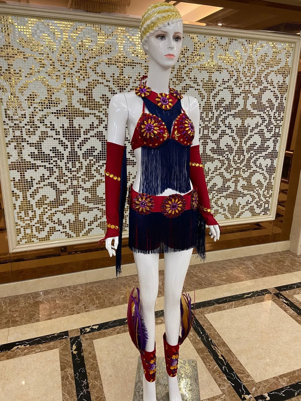 Regal Feathered Backpiece and Rhinestone Costume Set