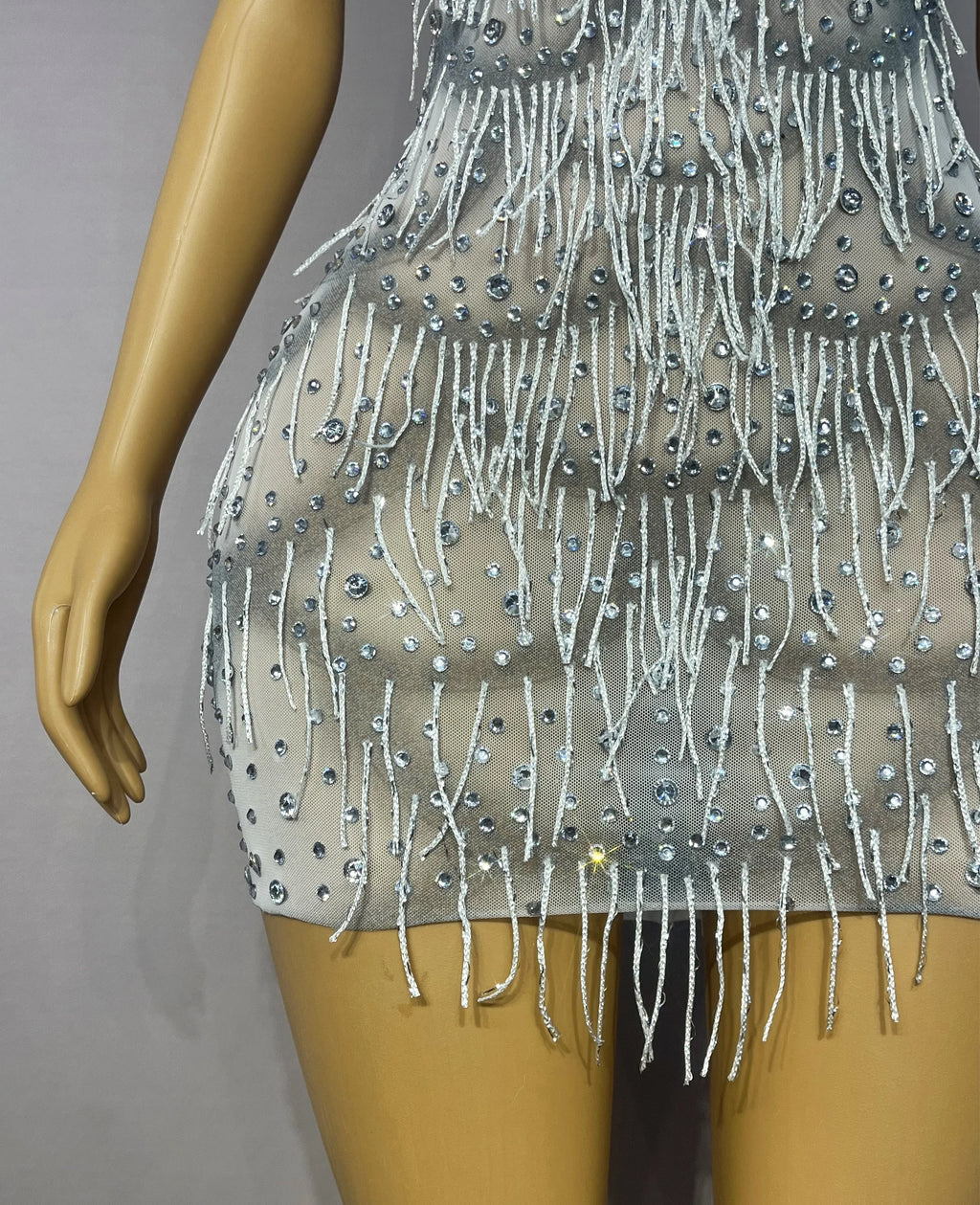 Silver Rhinestone Tassel Backless Stage Performance Mini Dress Party Gown