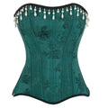 Green Floral Jacquard Overbust Corset Pearl Tassel Trim Bustier Top