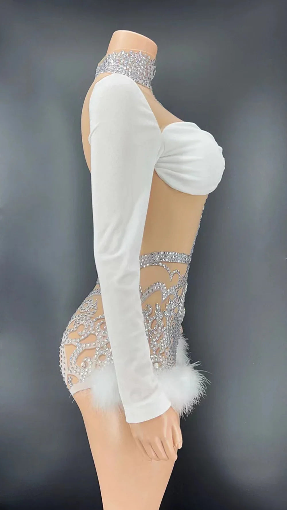 Sparkly Rhinestone & White Feather Long-Sleeve Bodysuit Stage Costume