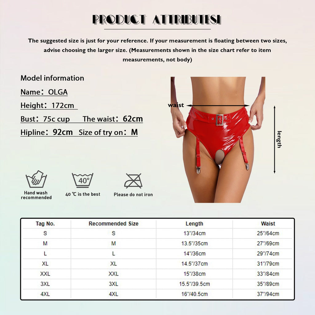 High-Waist Patent Leather Crotchless Thong & Garter Clip Lingerie