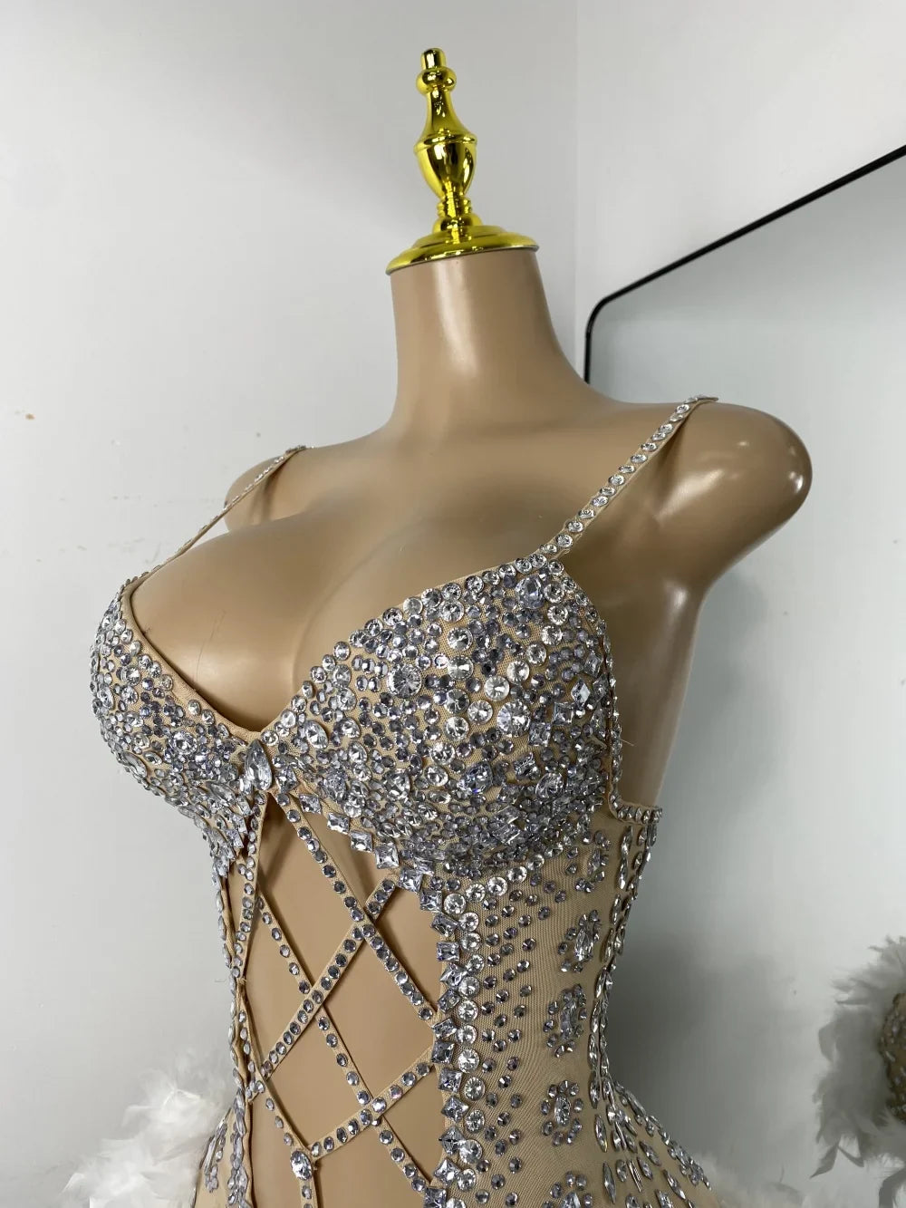 The Stardust Follies Feather Bodysuit – Luxury Rhinestone & Mesh Showgirl Costume