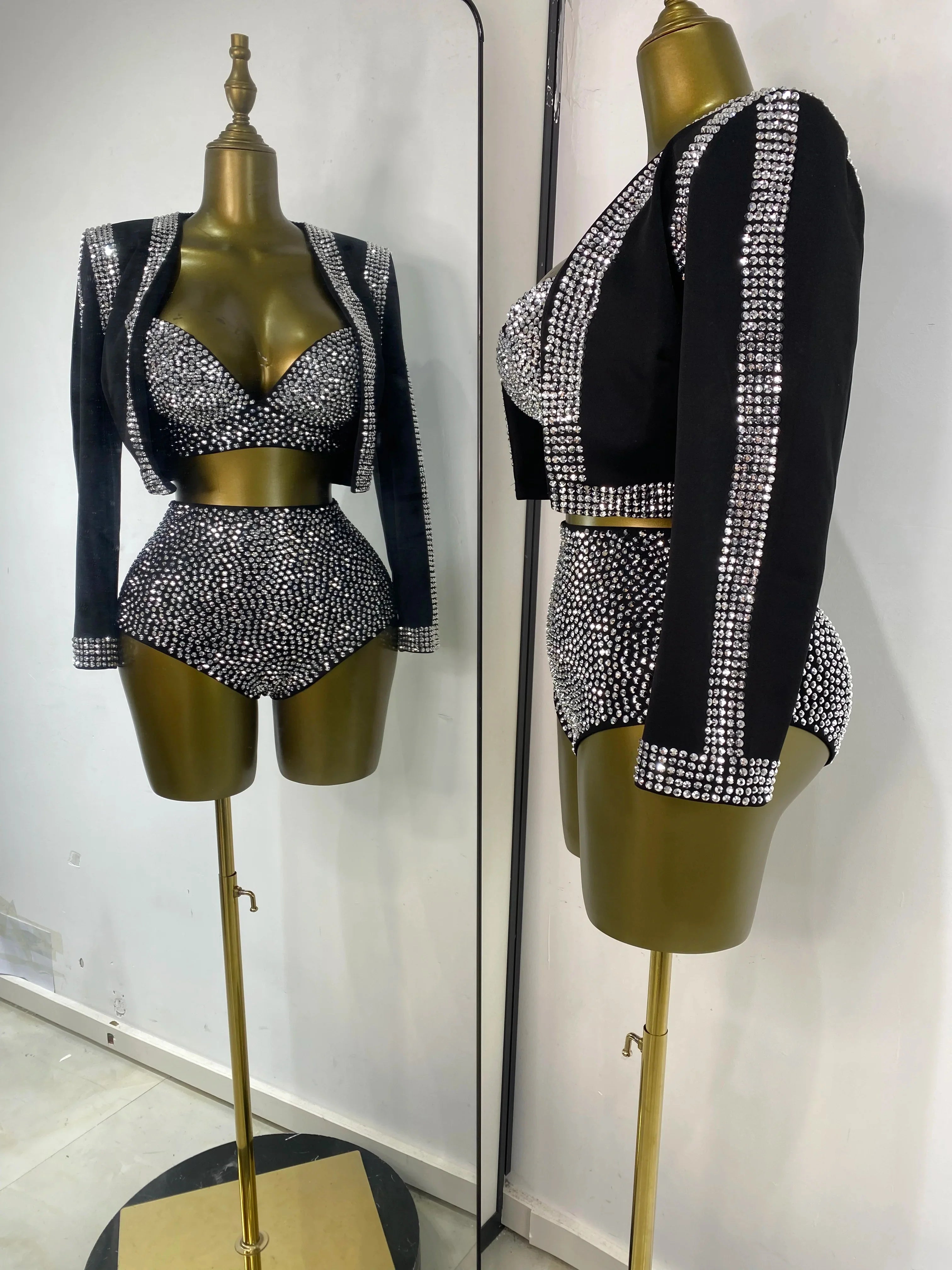 Rhinestone Bustier, High-Waist Mini Shorts & Cropped Jacket 3-Piece Performance Costume Set
