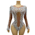 Sparkly Rhinestone, Pearl & Chain Long-Sleeve Mesh Bodysuit Stage Performance Costume