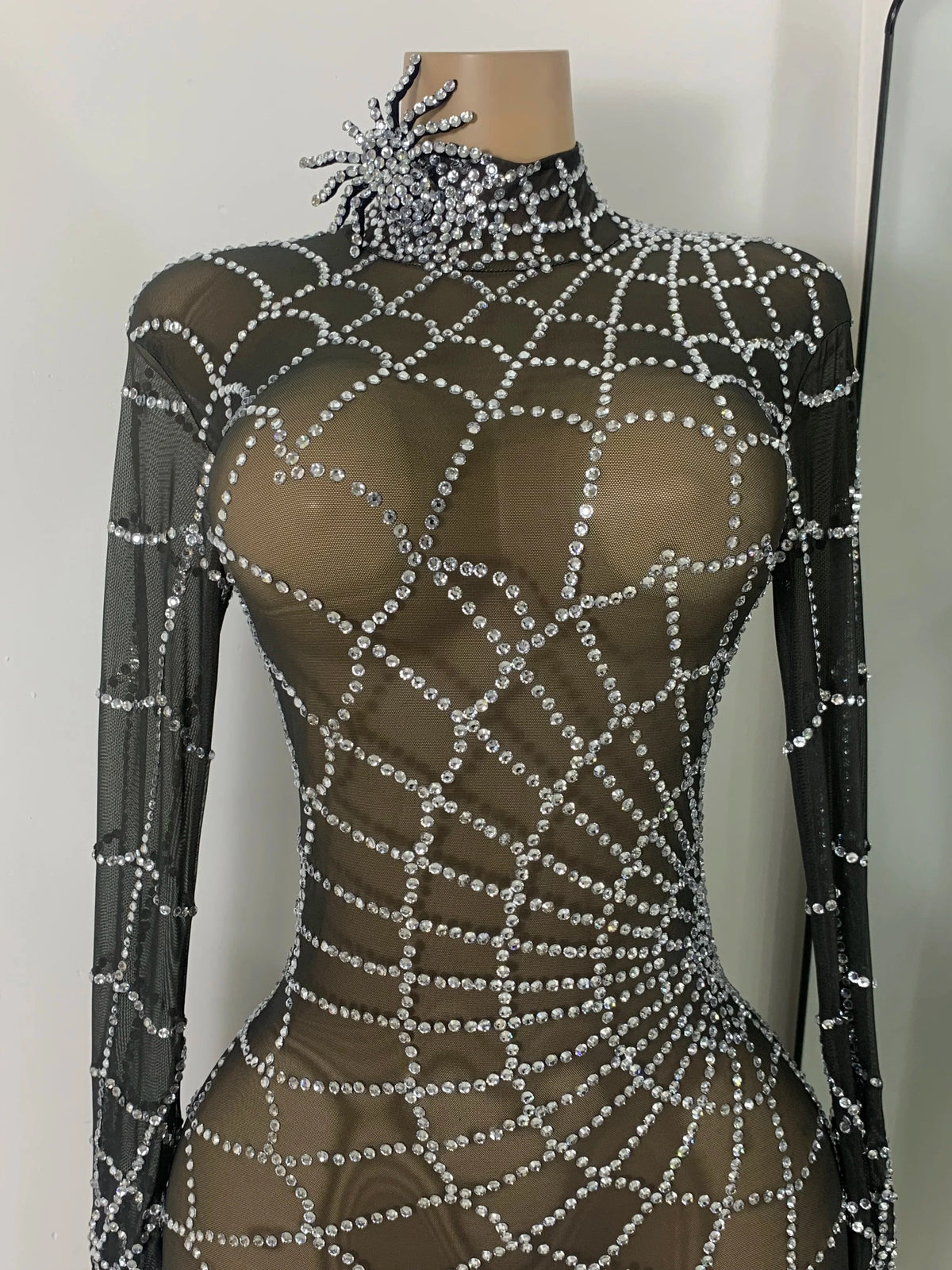 Black Spider Mesh Jumpsuit For Women Sexy Long Sleeve Performance Rompers Dance Show Stage Costume