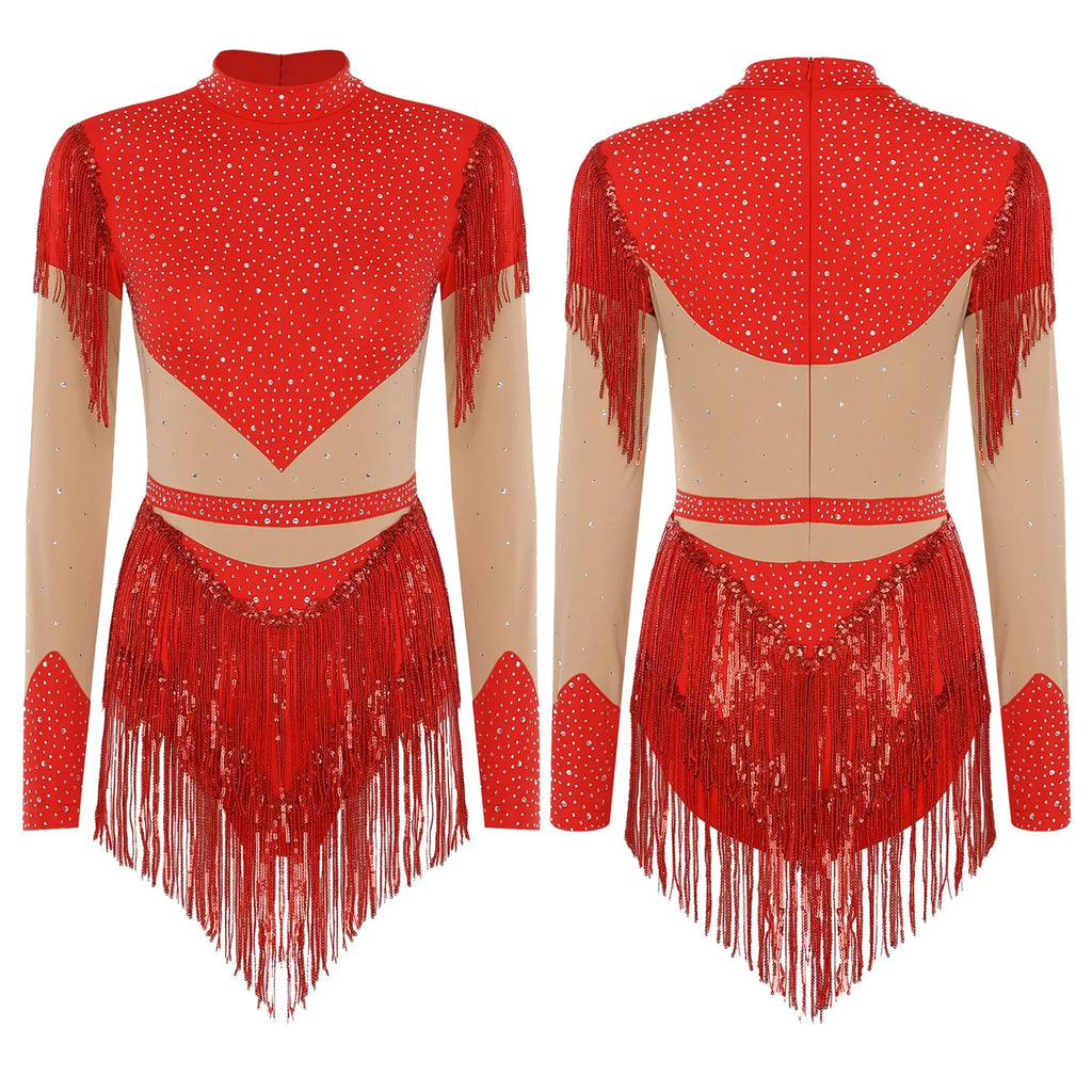 Rhinestone Sequin Tassel Long Sleeve Dance Jumpsuit Bodysuit