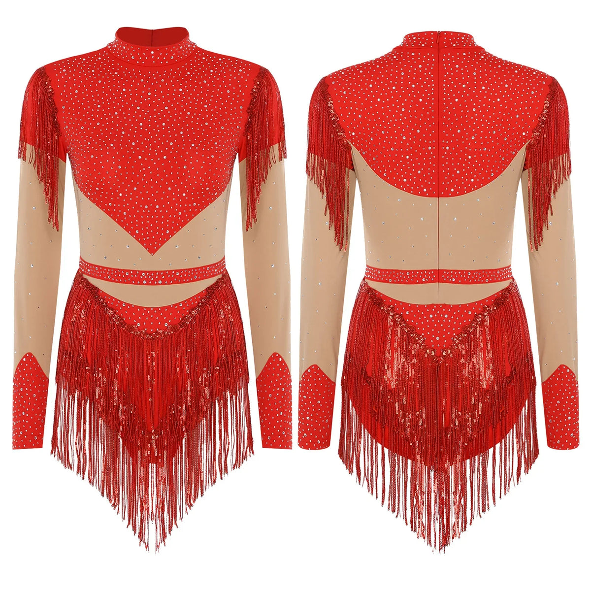 Rhinestone Sequin Tassel Long Sleeve Dance Jumpsuit Bodysuit