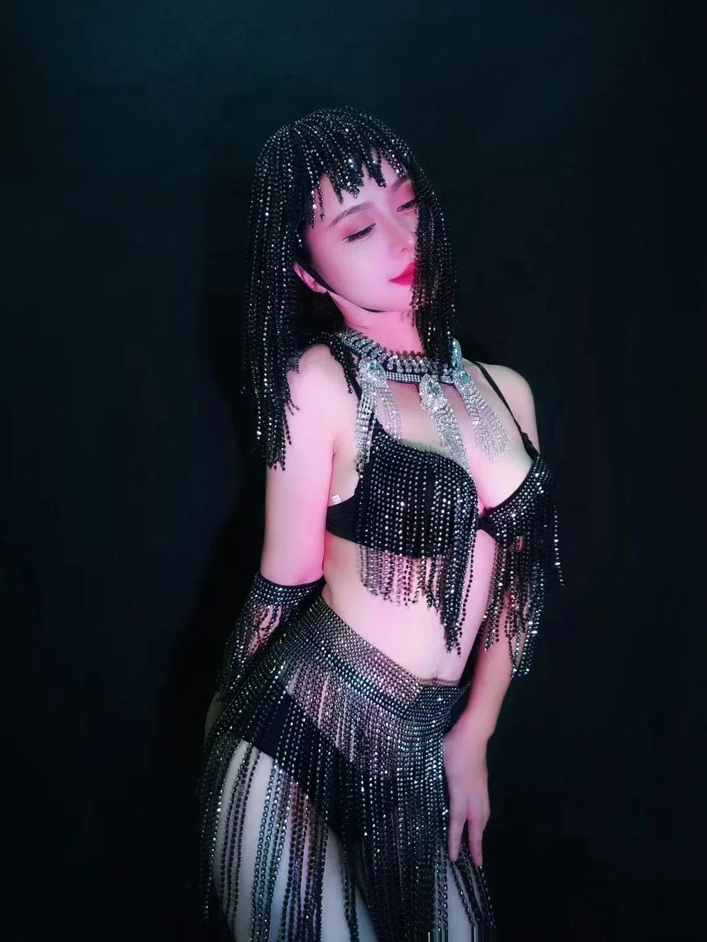 Luxury Crystal Tassel Bikini & Wig Performance Set – Premium Showgirl Stage Costume for GoGo Dancers, Nightclub DJs & Rave Outfits