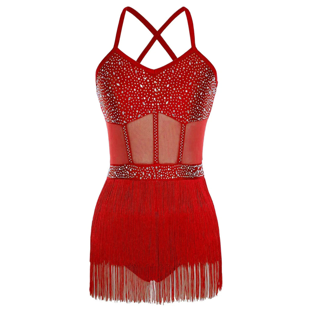 Rhinestone Latin Dance Dress, Mesh Tiered Tassel Bodysuit & Long Gloves Set