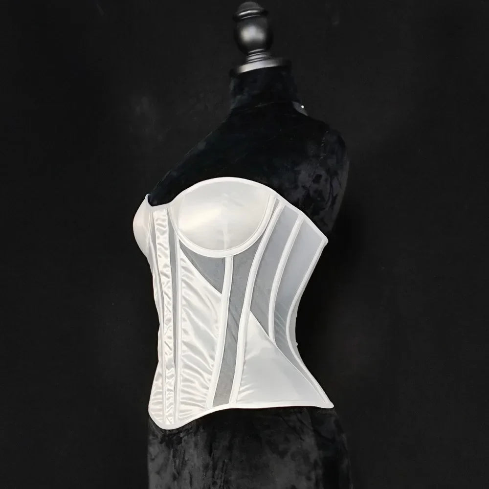 Strapless Breathable Mesh Corset Bustier Built-In Bra Boned Waist Cincher Top