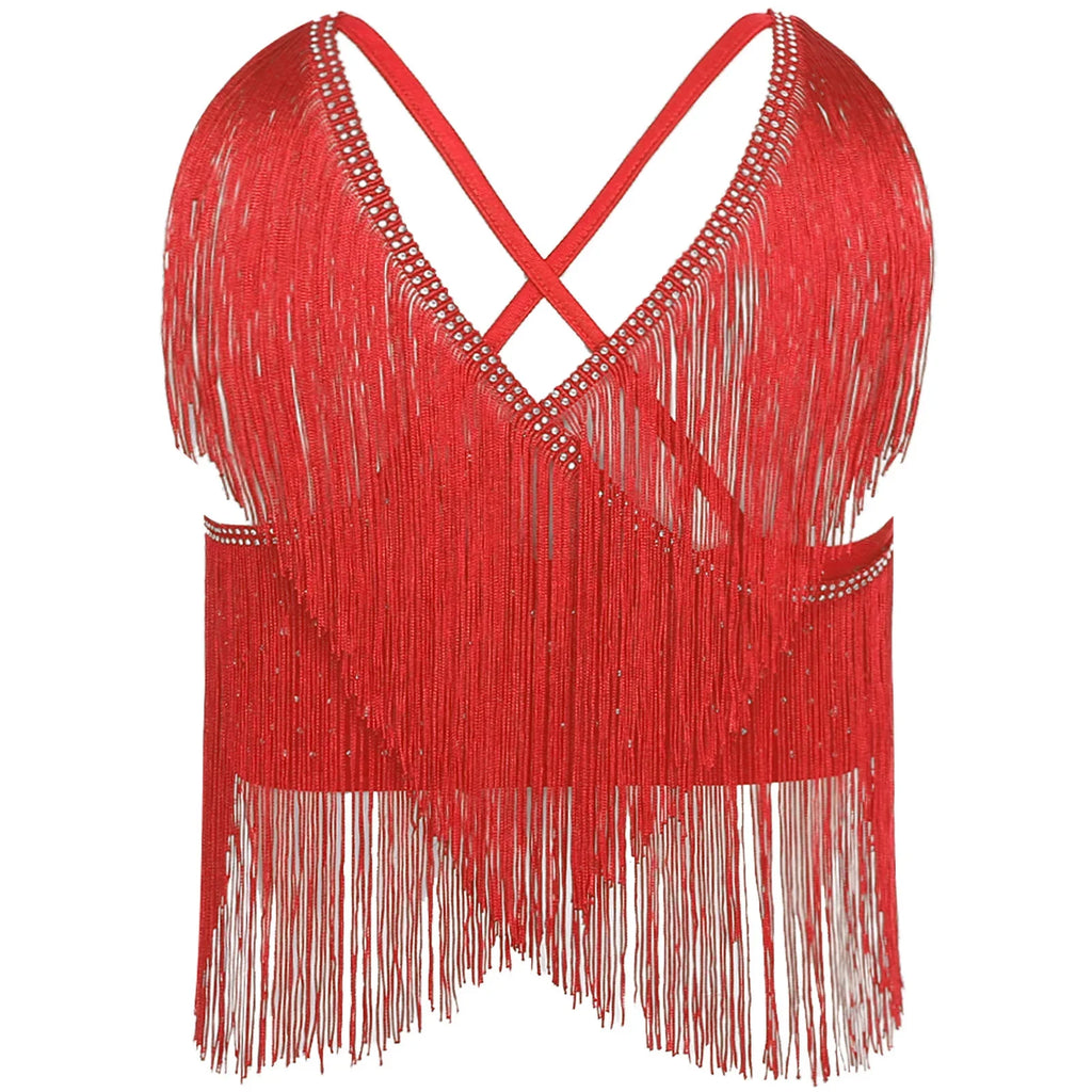 V-Neck Crisscross Back Tassel Fringe Crop Top Latin Salsa Dance Costume