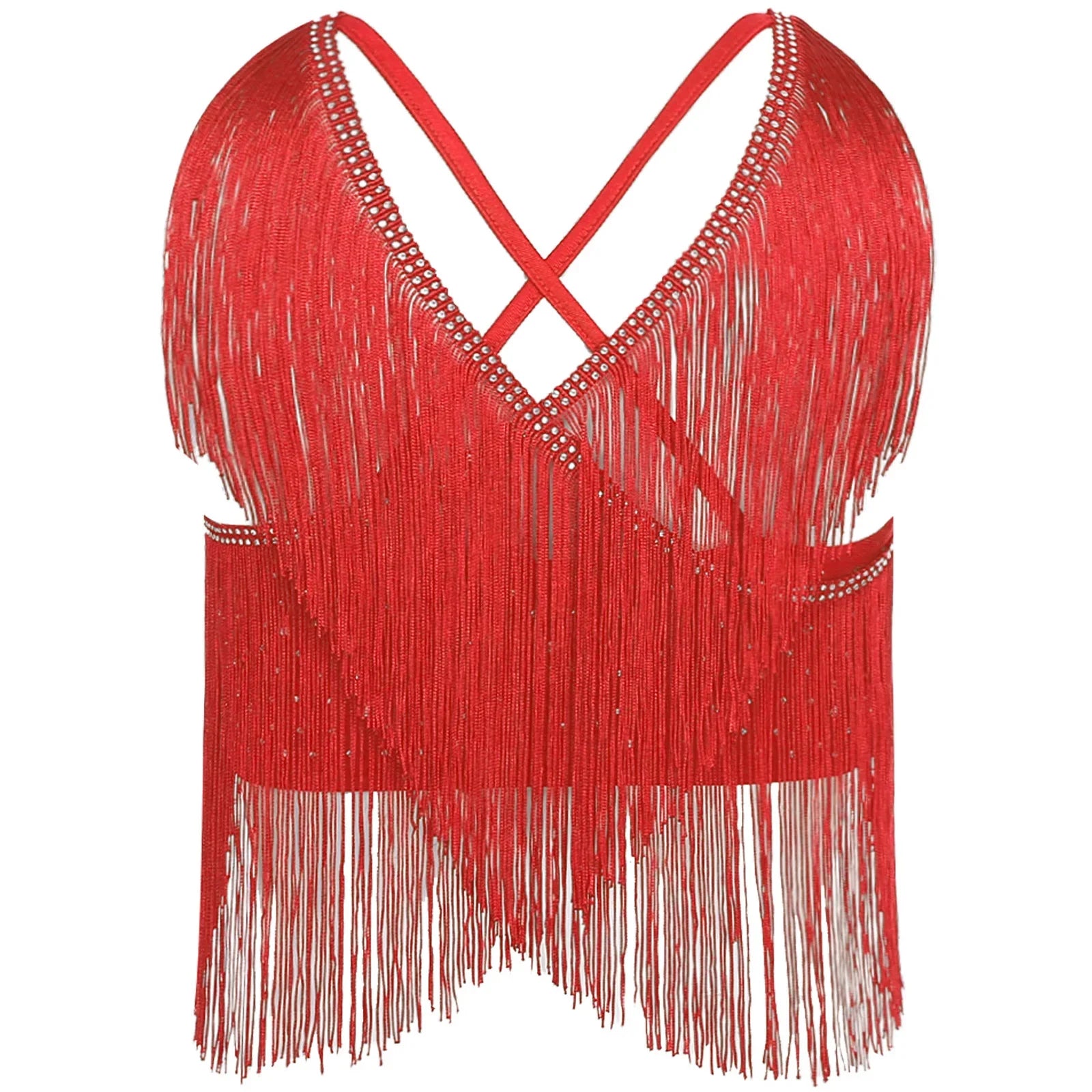 V-Neck Crisscross Back Tassel Fringe Crop Top Latin Salsa Dance Costume