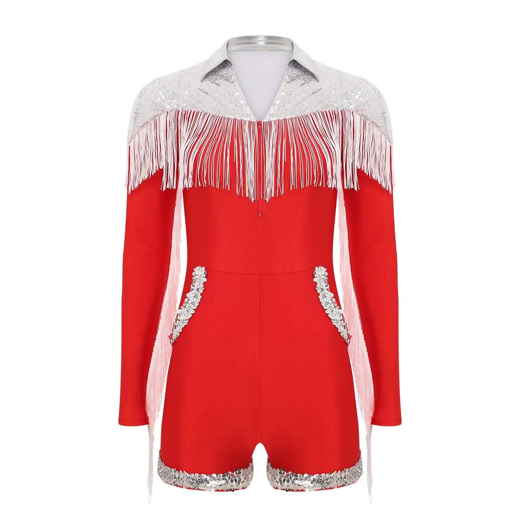Western Cowgirl Sequin Fringe Long Sleeve Bodysuit Disco Dancewear Romper