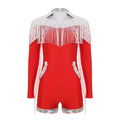 Western Cowgirl Sequin Fringe Long Sleeve Bodysuit Disco Dancewear Romper