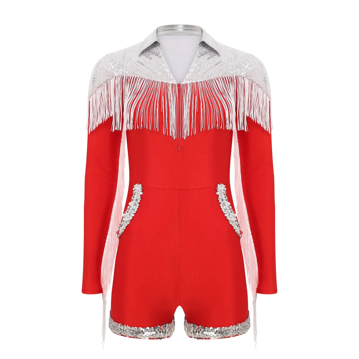 Western Cowgirl Sequin Fringe Long Sleeve Bodysuit Disco Dancewear Romper