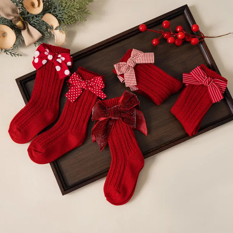 Baby Girls Red Big Bow Christmas Socks - Kids Cotton Solid Woolen Sock Leg Warmers | Toddler Soft Socken for 0-5 Years