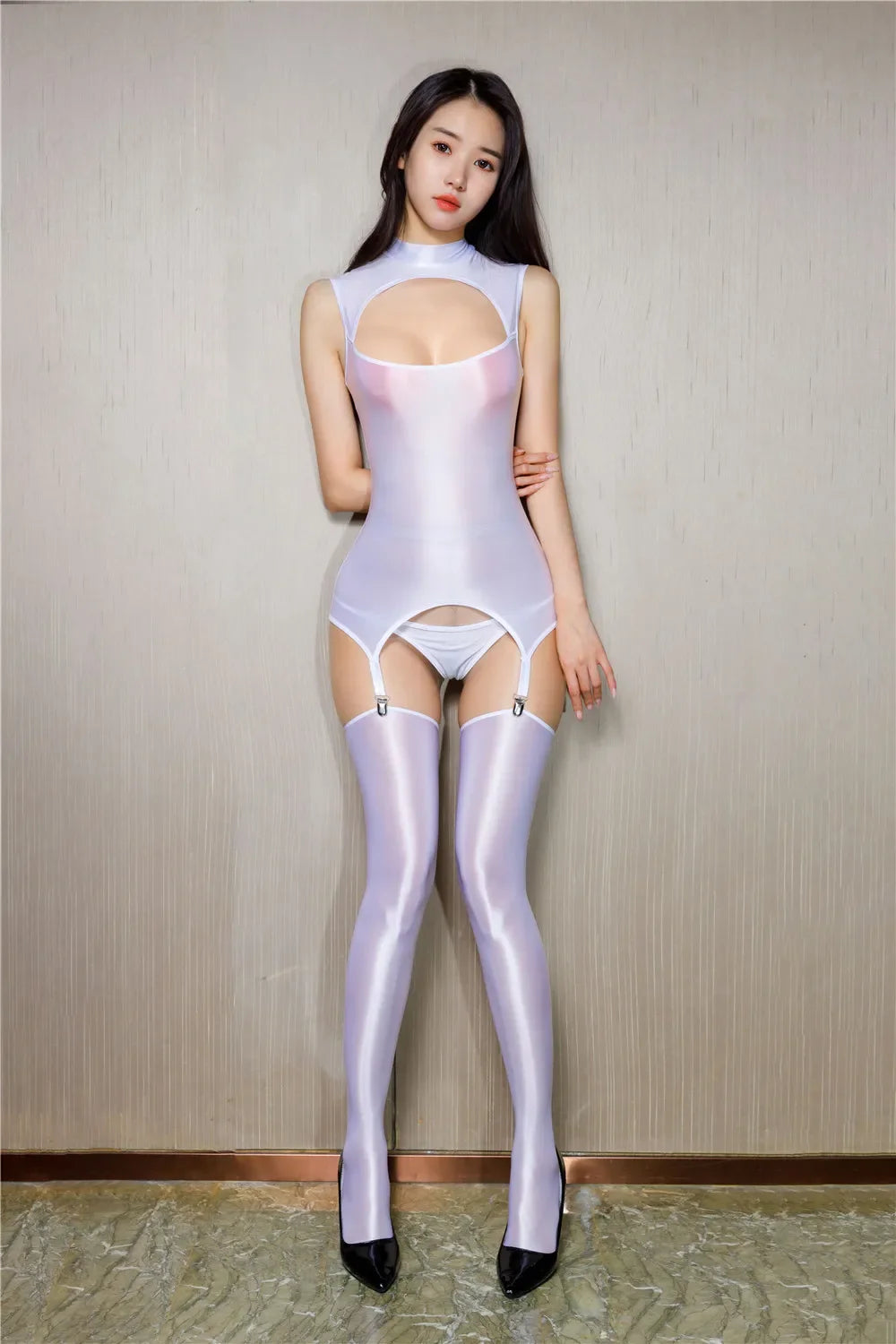 Oil Glossy Sheer Sleeveless Hollow-Out Garter Bodysuit with G-String & Stockings Set