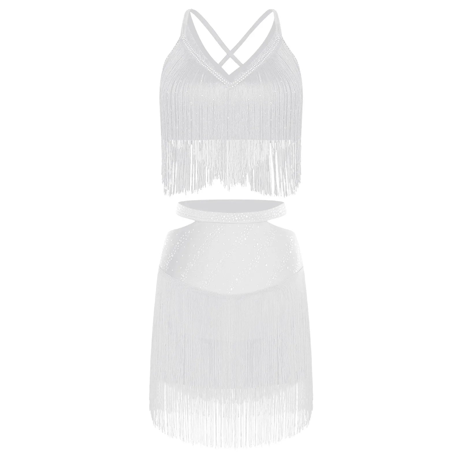 Sparkly Rhinestone & Tassel Fringe Two-Piece Latin Tango Dance Outfit Set