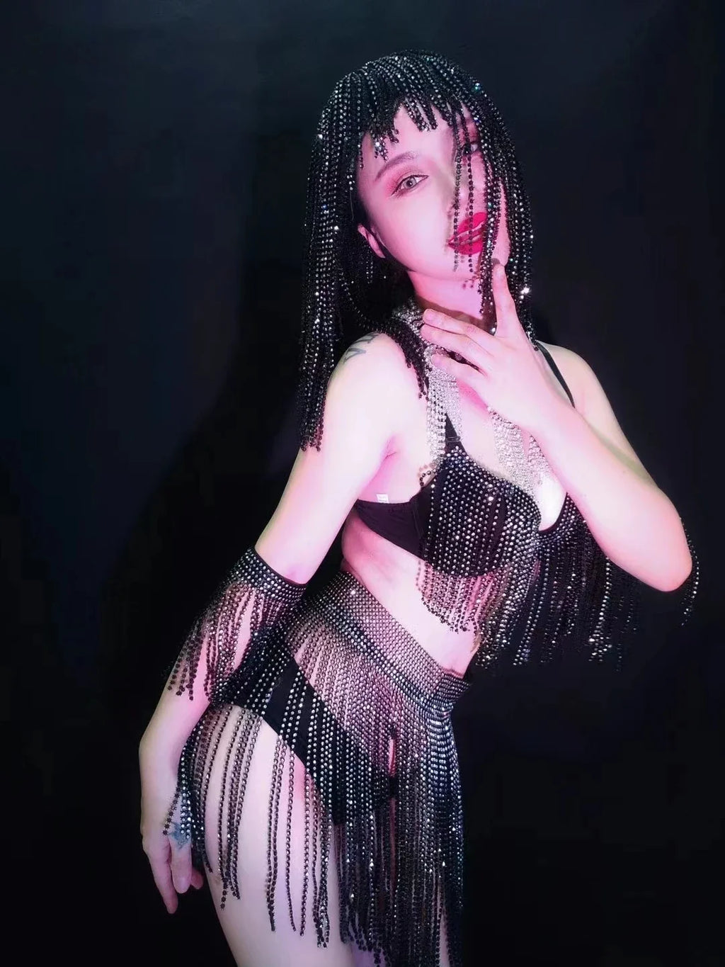 Luxury Crystal Tassel Bikini & Wig Performance Set – Premium Showgirl Stage Costume for GoGo Dancers, Nightclub DJs & Rave Outfits