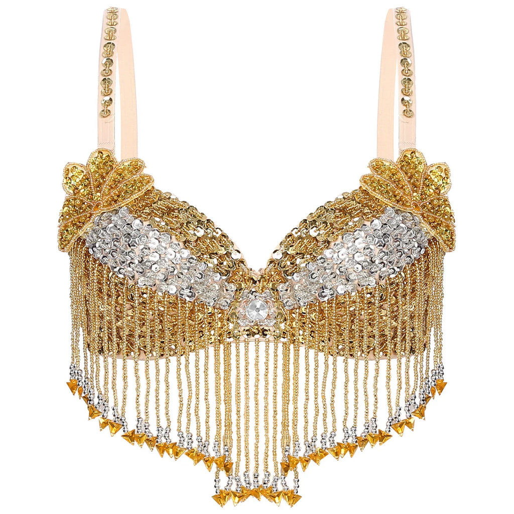Sparkly Floral Beaded Sequin Belly Dance Bra & Tassel Performance Top