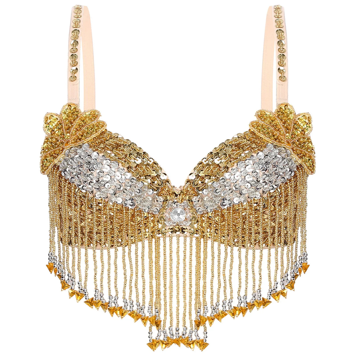 Sparkly Floral Beaded Sequin Belly Dance Bra & Tassel Performance Top