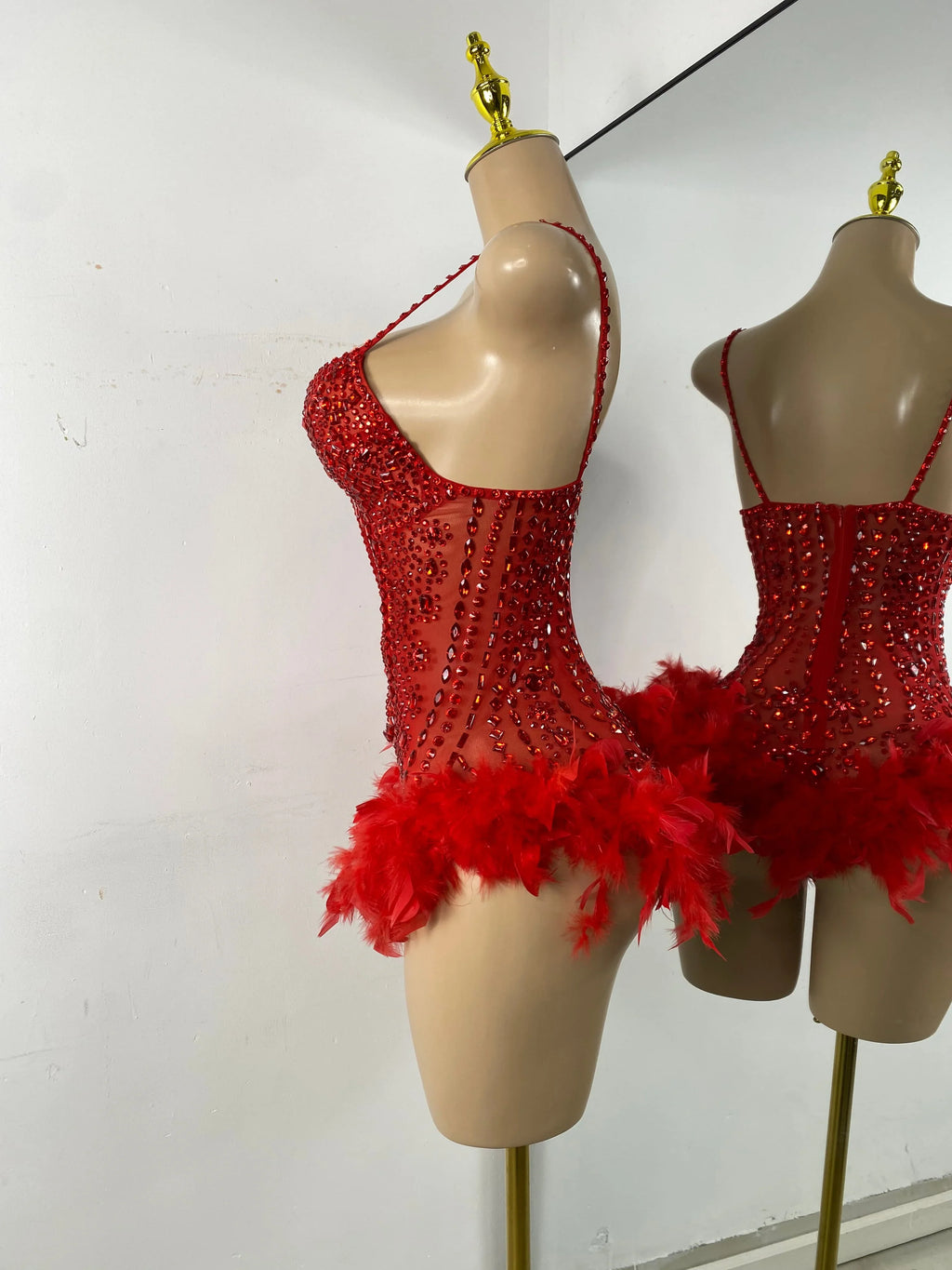 The Stardust Follies Feather Bodysuit – Luxury Rhinestone & Mesh Showgirl Costume