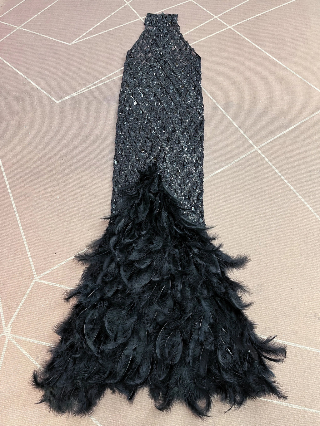 Sparkly Rhinestone Feather Sheer Mesh Evening Gown Stage Fashion Show Outfit