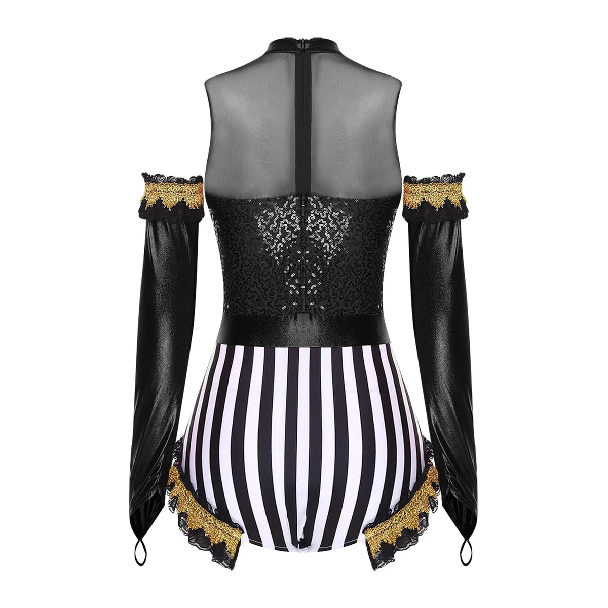 Circus Ringmaster Sequin Striped Bodysuit & Metallic Gloves 2-Piece Stage Costume Set