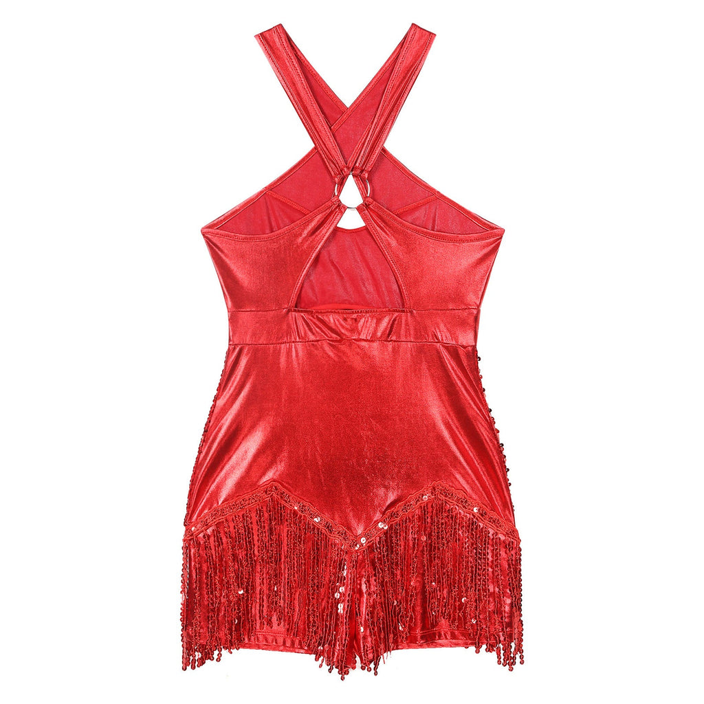 Sequined Fringe Cross-Front Latin Dance Leotard Costume Dress