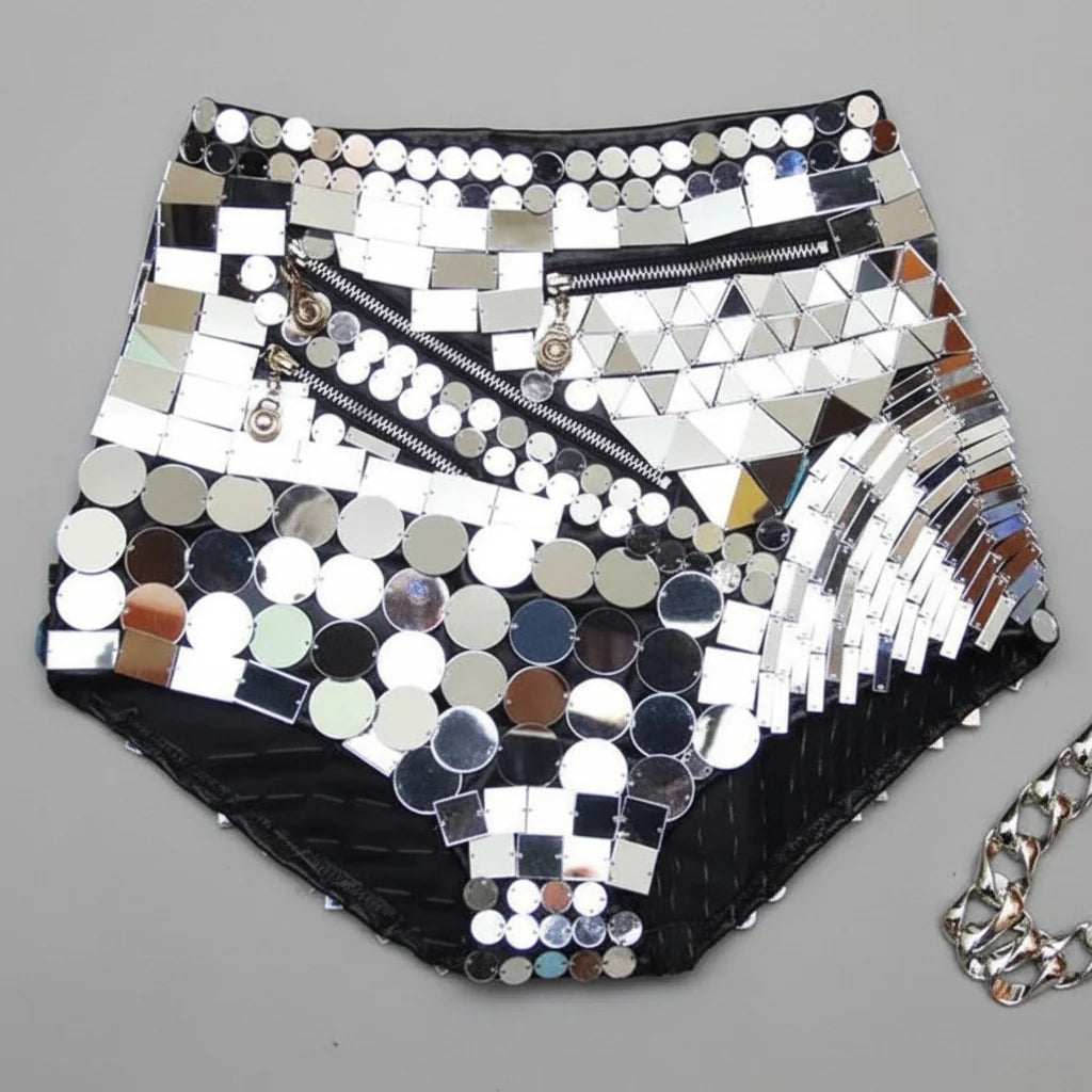 Luxury Reflective Mirror Halter Bra & High-Waisted Shorts Set
