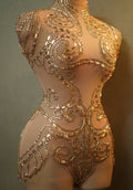 Gold Sparkly Rhinestone Sheer Mesh Bodysuit Stage Performance Costume