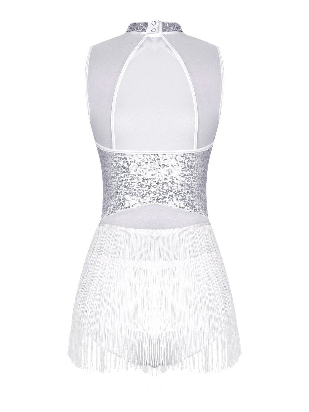 Women Sequins Diamond Latin Jazz Dance Costume Sleeveless Cutout Back Flowy Tassel Dress Leotard Tango Cha-Cha Samba Dancewear