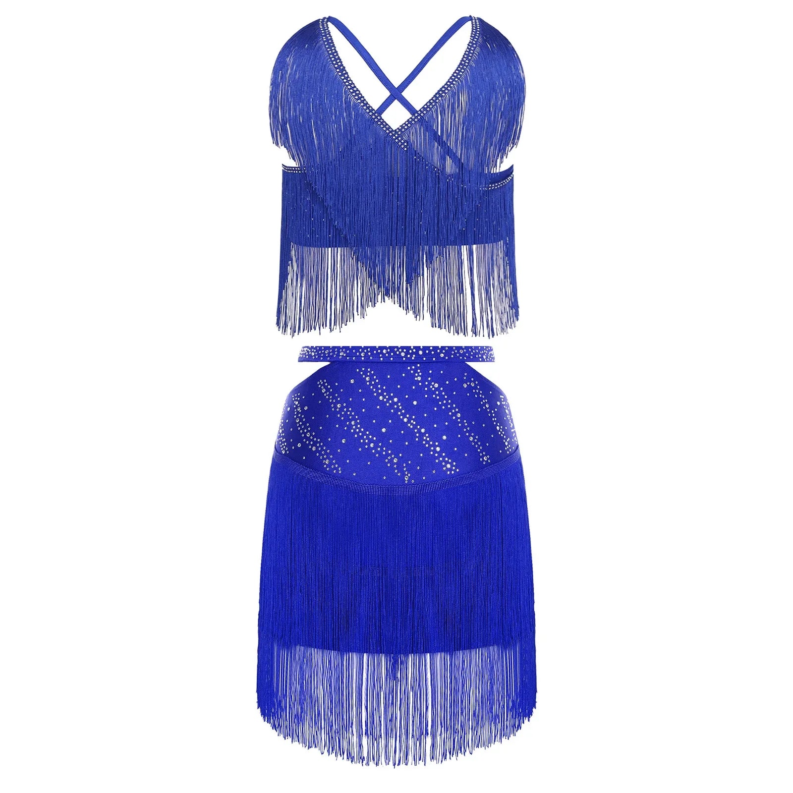 Sparkly Rhinestone & Tassel Fringe Two-Piece Latin Tango Dance Outfit Set