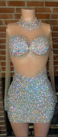 Luxurious AB Crystal Rhinestone Stage Dance Costume Illusion Mini Dress