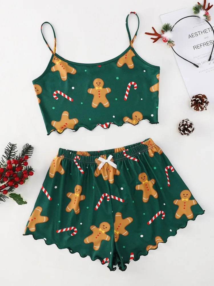 Soft Festival Christmas Cute Gingerbread Print Pajama Set Women's Sleepwear 2 Pieces Crop Tops and Shorts Loungewear