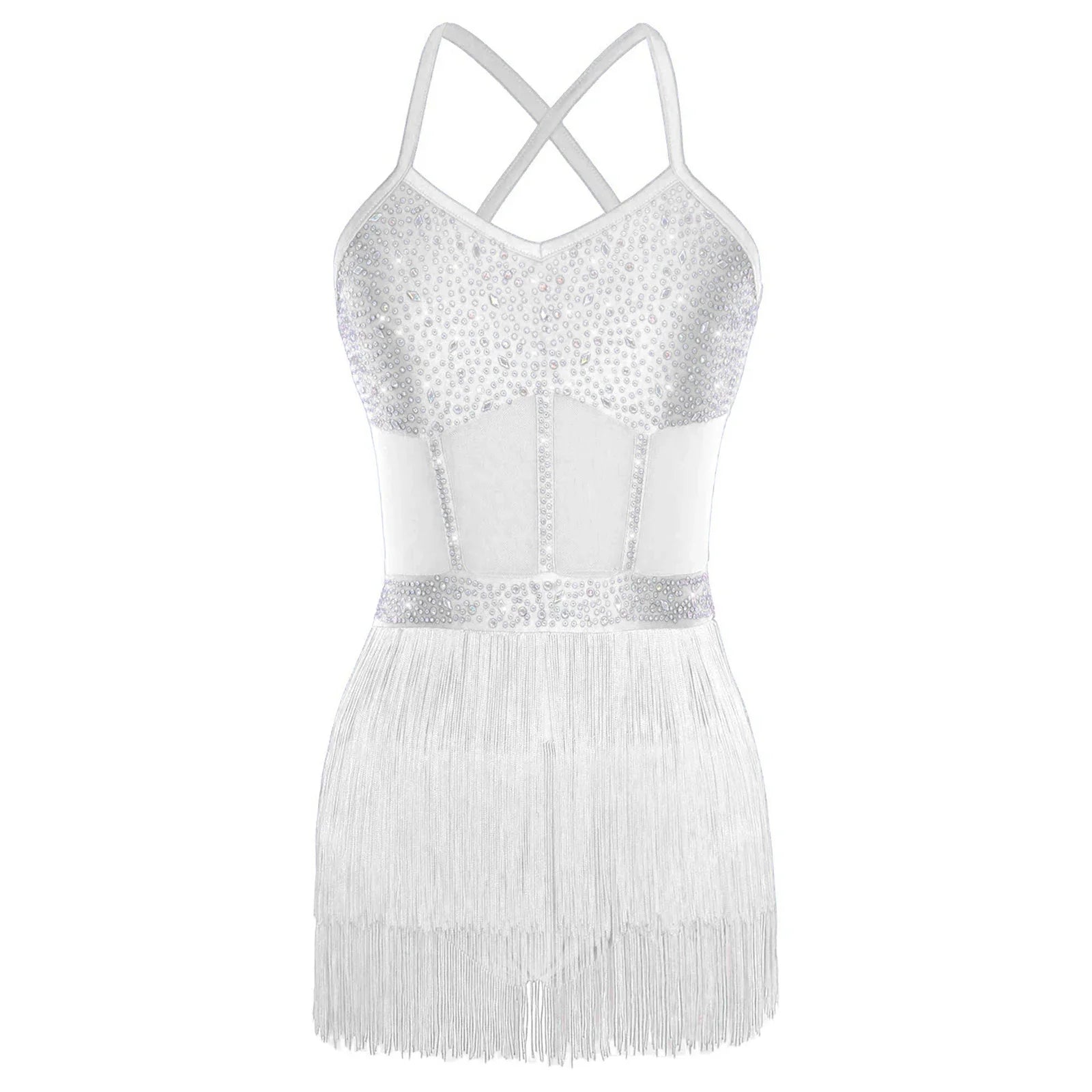 Rhinestone Latin Dance Dress, Mesh Tiered Tassel Bodysuit & Long Gloves Set