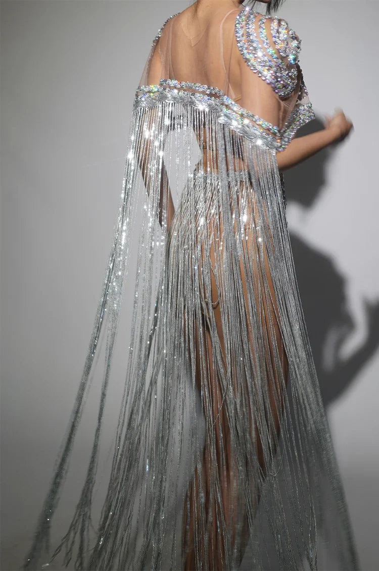 Sparkly Silver Rhinestone Sheer Cape Dress Stage Costume