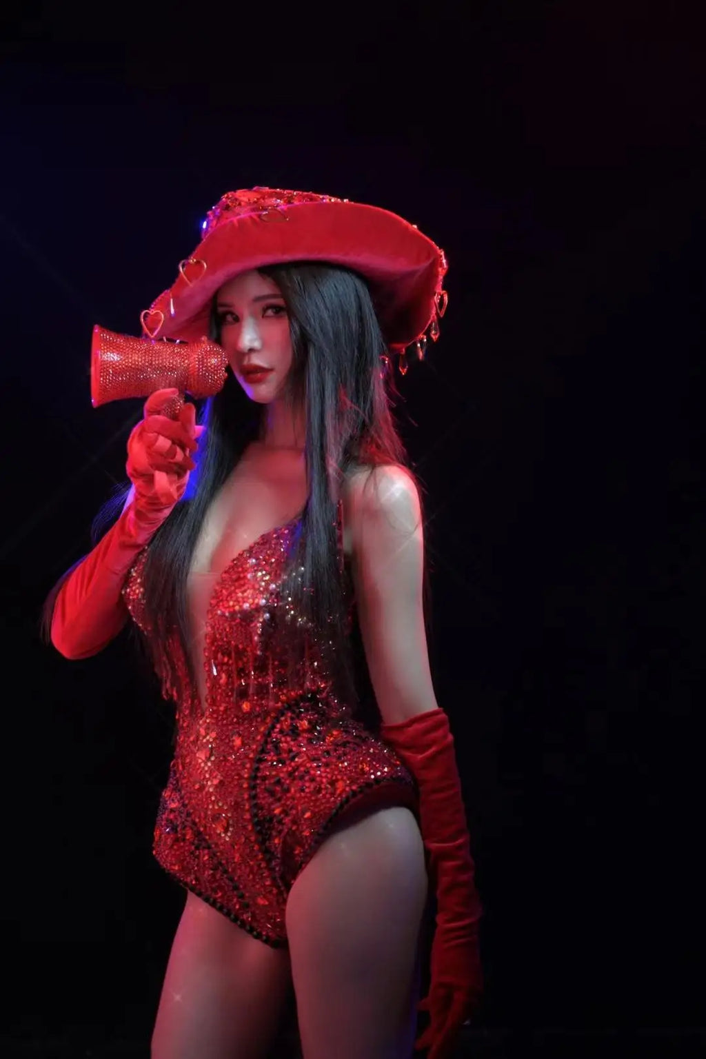 Western Cowboy Showgirl Bodysuit, Hat & Gloves 3-Piece Stage Costume Set