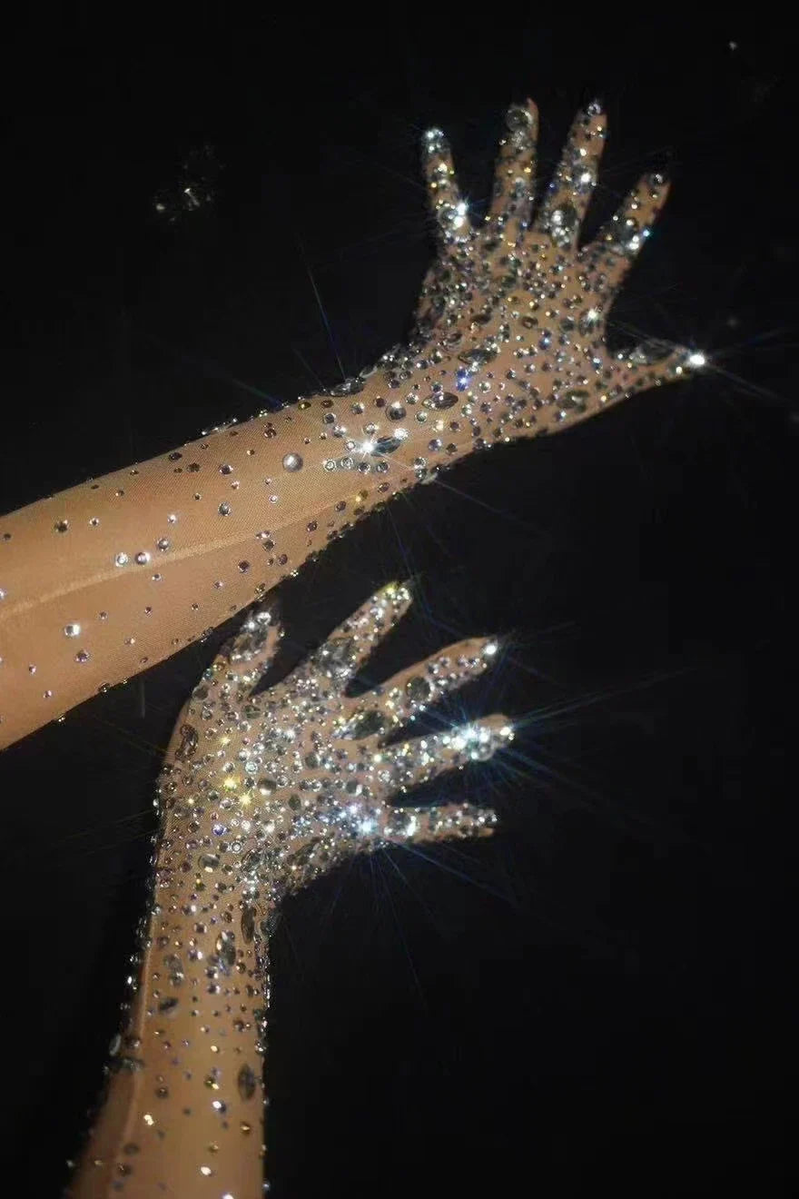The Stardust Illusion Rhinestone Gloves – Luxury Crystal Mesh Opera Gloves