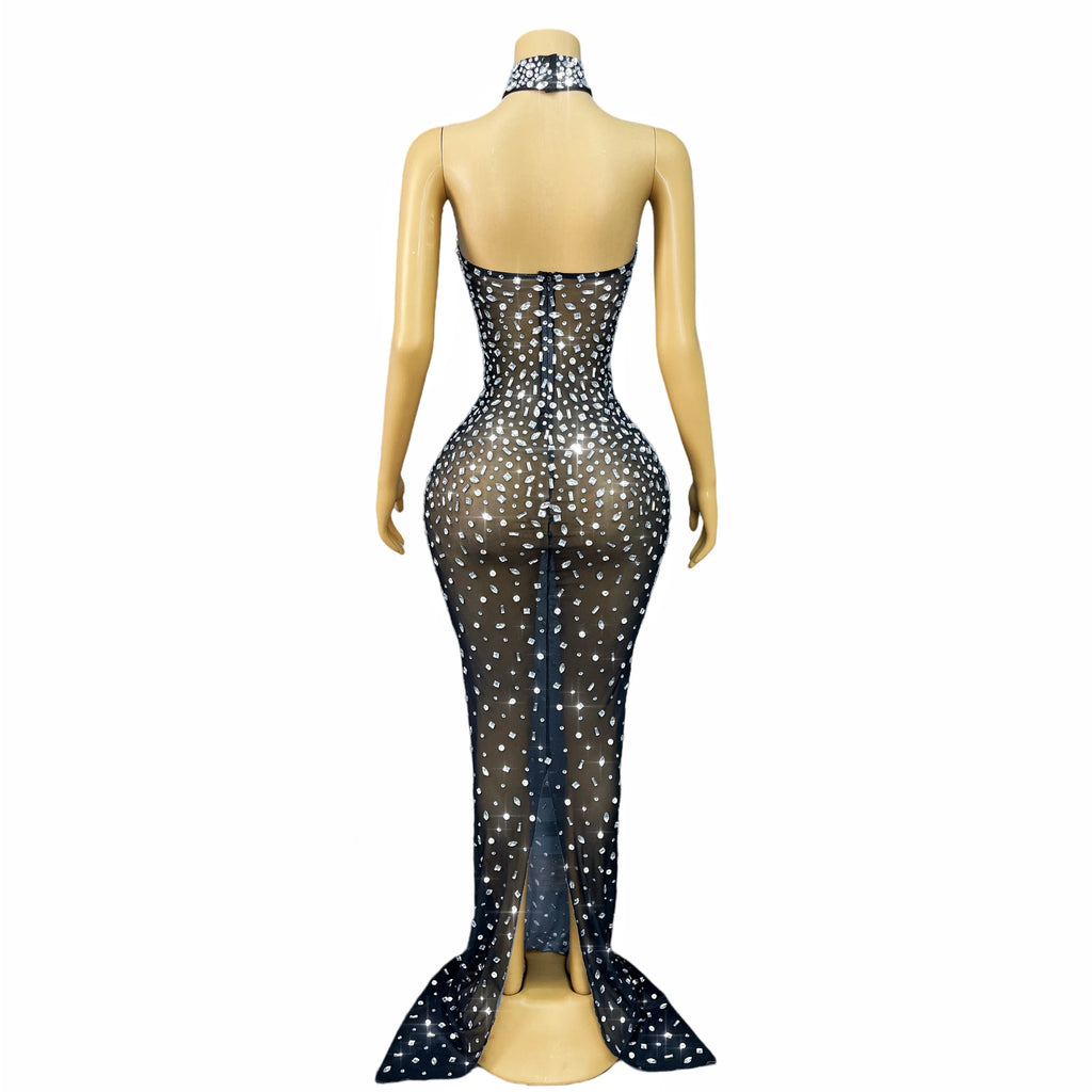 Silver Rhinestone Sheer Mesh Tube Evening Gown Stage Ball Dress