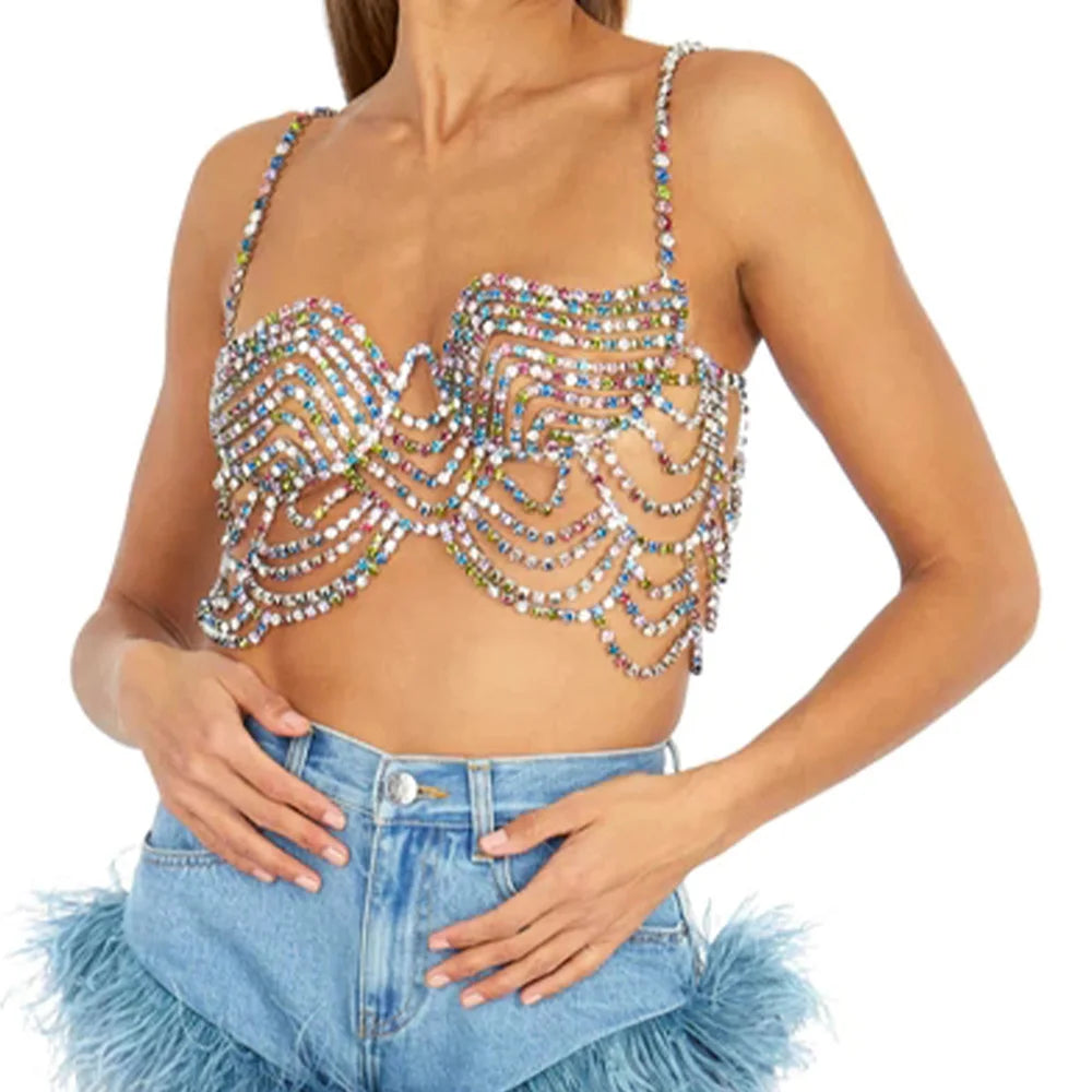 Multicolored Rhinestone Bralette Chest Chain