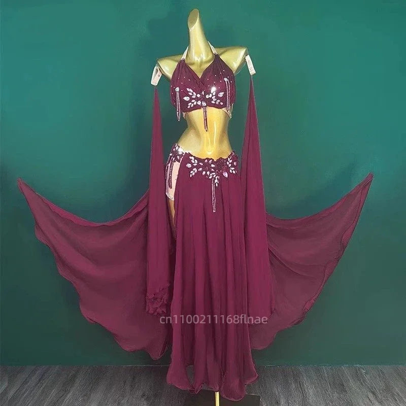 Rhinestone Studded Top & High-Slit Long Skirt Belly Dance Performance Set