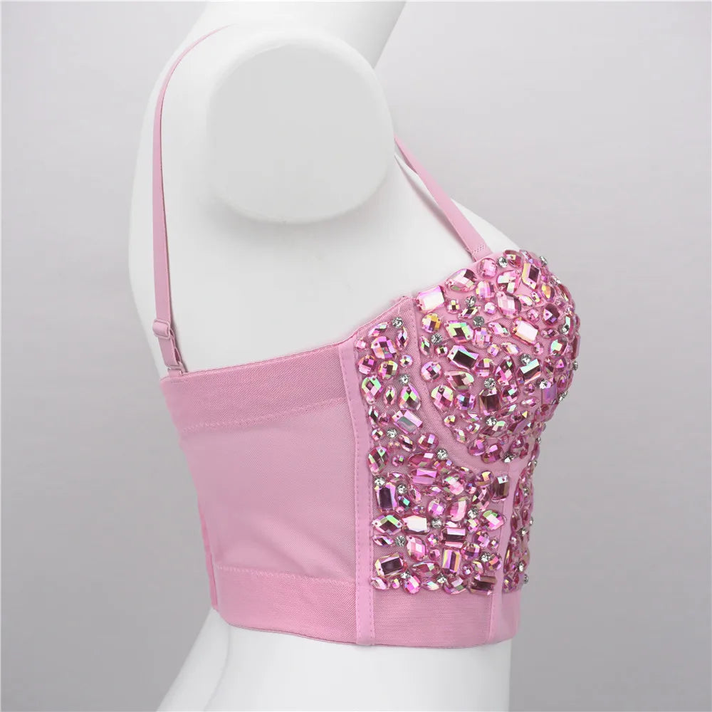The Stardust Prism Siren – Sparkly Pink Rhinestone & Beaded Bustier Corset Crop Top