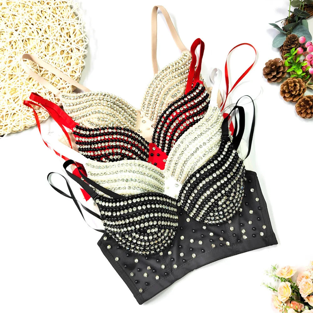 Rhinestone Beaded Bustier Corset Crop Top High Fashion Evening Party Bralette