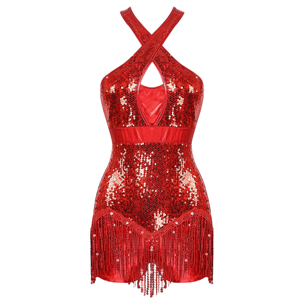 Sequined Fringe Cross-Front Latin Dance Leotard Costume Dress