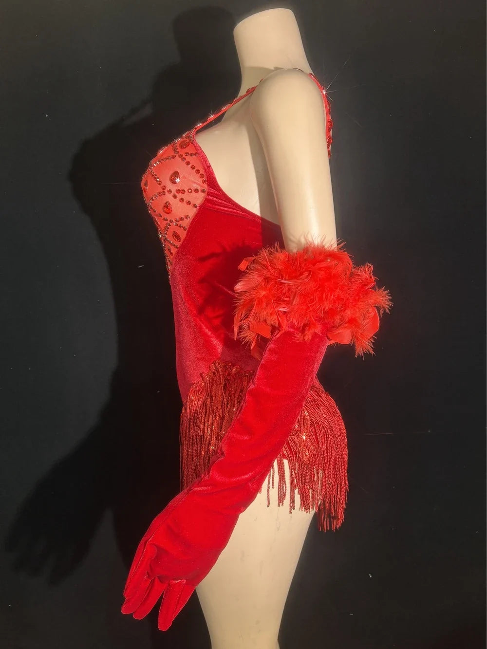 Sparkly Rhinestone & Sequin Tassel Bodysuit with Feathers & Gloves Costume Set
