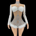 Sparkly Rhinestone & White Feather Long-Sleeve Bodysuit Stage Costume