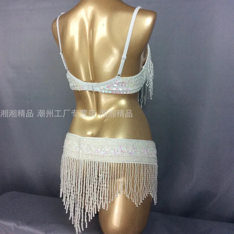 The Stardust Cabaret 2-Piece Ensemble – Luxury Sequin Fringe Bra & Belt Set
