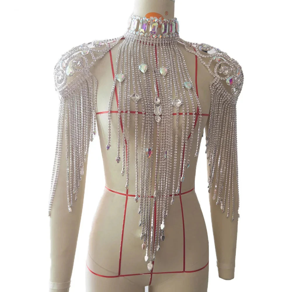 Long Rhinestone Chain Tassel Fringe Chocker Shoulder Necklace Body Jewelry