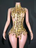 Sparkly Rhinestone Mirror High-Cut Stage Bodysuit Performance Dance Leotard